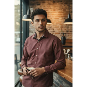 H&M Slim Fit Men's Burgundy LS button-down Shirt w/ Polka Dot Pattern. Size M